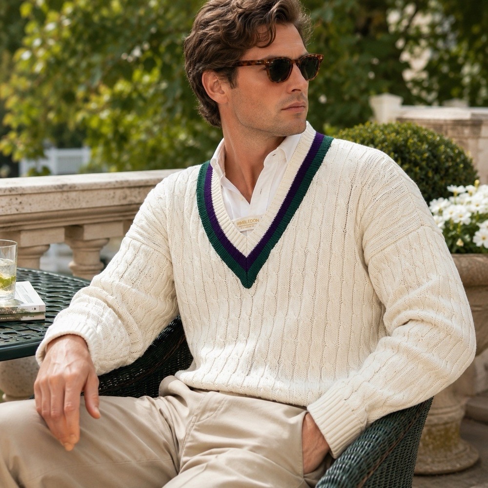 Vintage Wimbledon Cable Knit Sweater XL USA Cotton Tennis Croquet V Neck